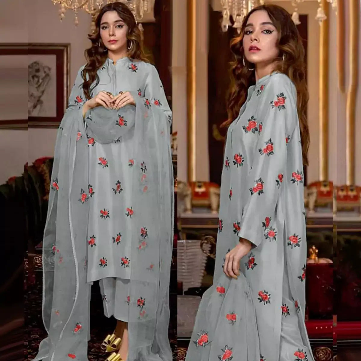 Rose Embroidery Shirt and Trouser with Dupatta 3 PCs Stitched