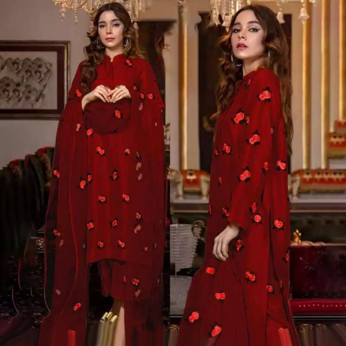 Rose Embroidery Shirt and Trouser with Dupatta 3 PCs Stitched