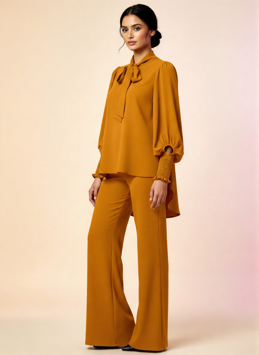 Linen Stitched 2-piece Suit for Women With Neck Belt