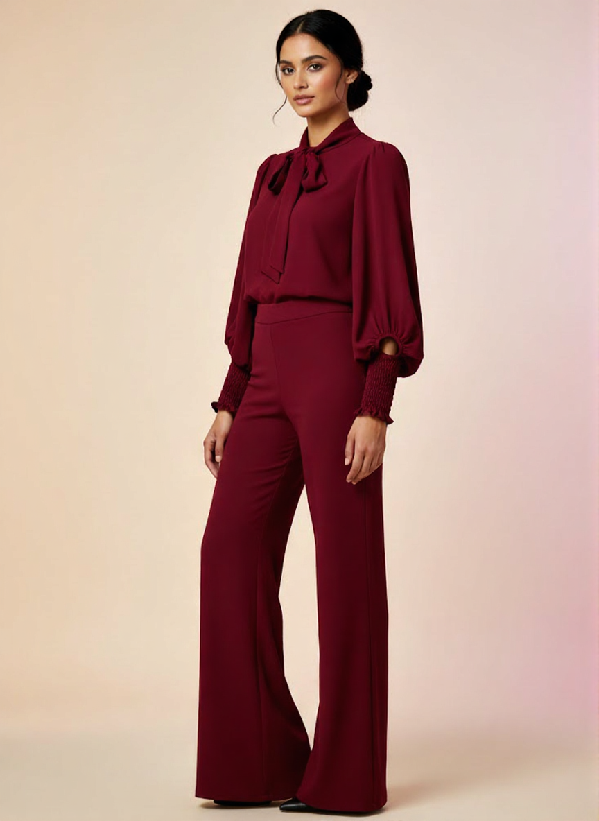 Linen Stitched 2-piece Suit for Women With Neck Belt