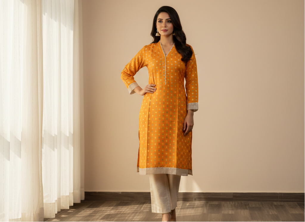 Mustard Yellow Printed Rayon Kurti 2pc