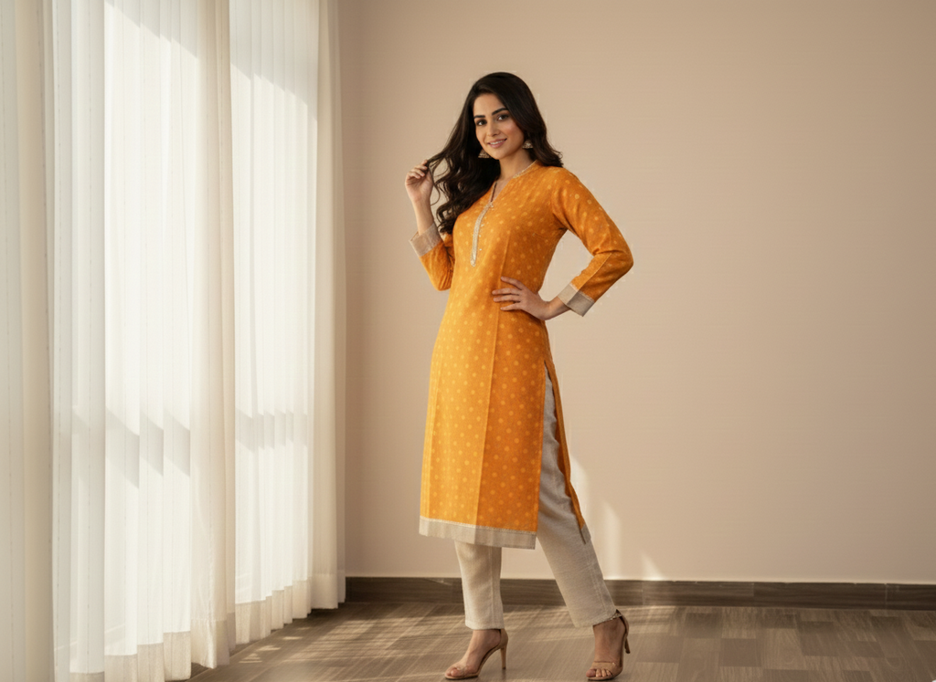 Mustard Yellow Printed Rayon Kurti 2pc