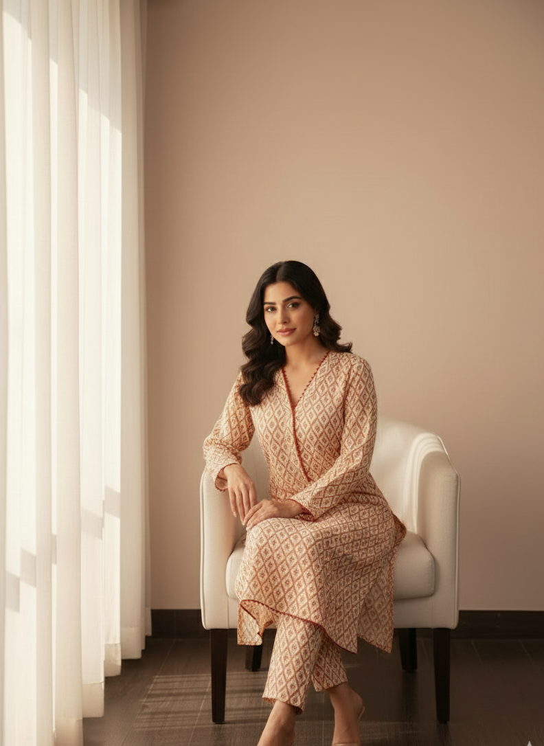 Desert Bloom Beige Cotton Printed Kurta 2pc