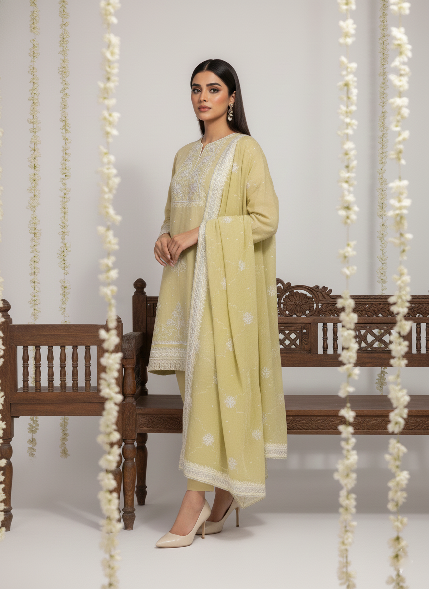 Festive Embroidered Cotton 3-Piece Unstitched Suit for Women with Chiffon Dupatta