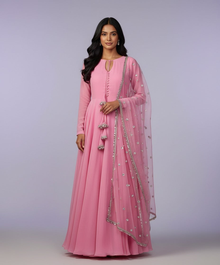 Stitched Chiffon 3 pcs MAXI Dress With Lace Work Dupatta