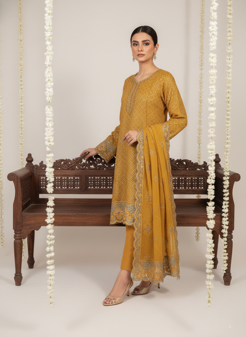 Classic Embroidered Cotton 3PC Unstitched Suit with Chiffon Dupatta