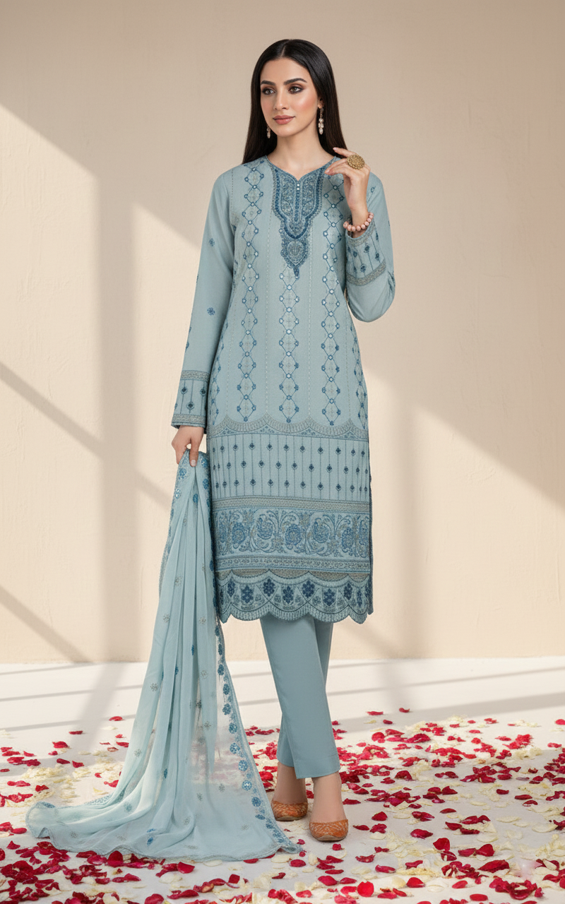 Unstitched Cotton 3-Piece Ladies Suit with Chiffon Dupatta
