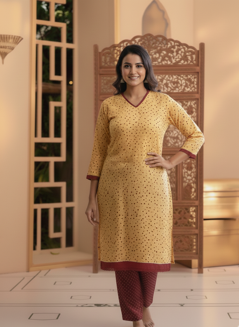 Chic Cotton Yellow & Maroon Polka Dot Kurta Set 2pc