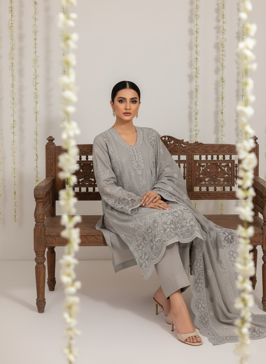 Elegant Cotton 3-Piece Ladies Suit with Chiffon Dupatta