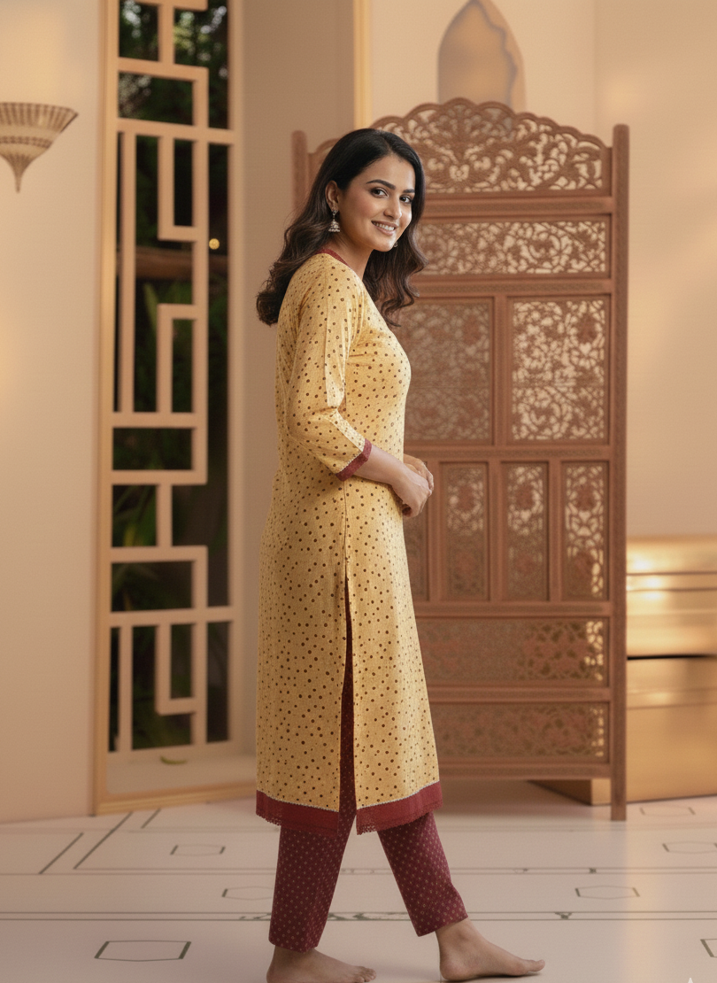Chic Cotton Yellow & Maroon Polka Dot Kurta Set 2pc