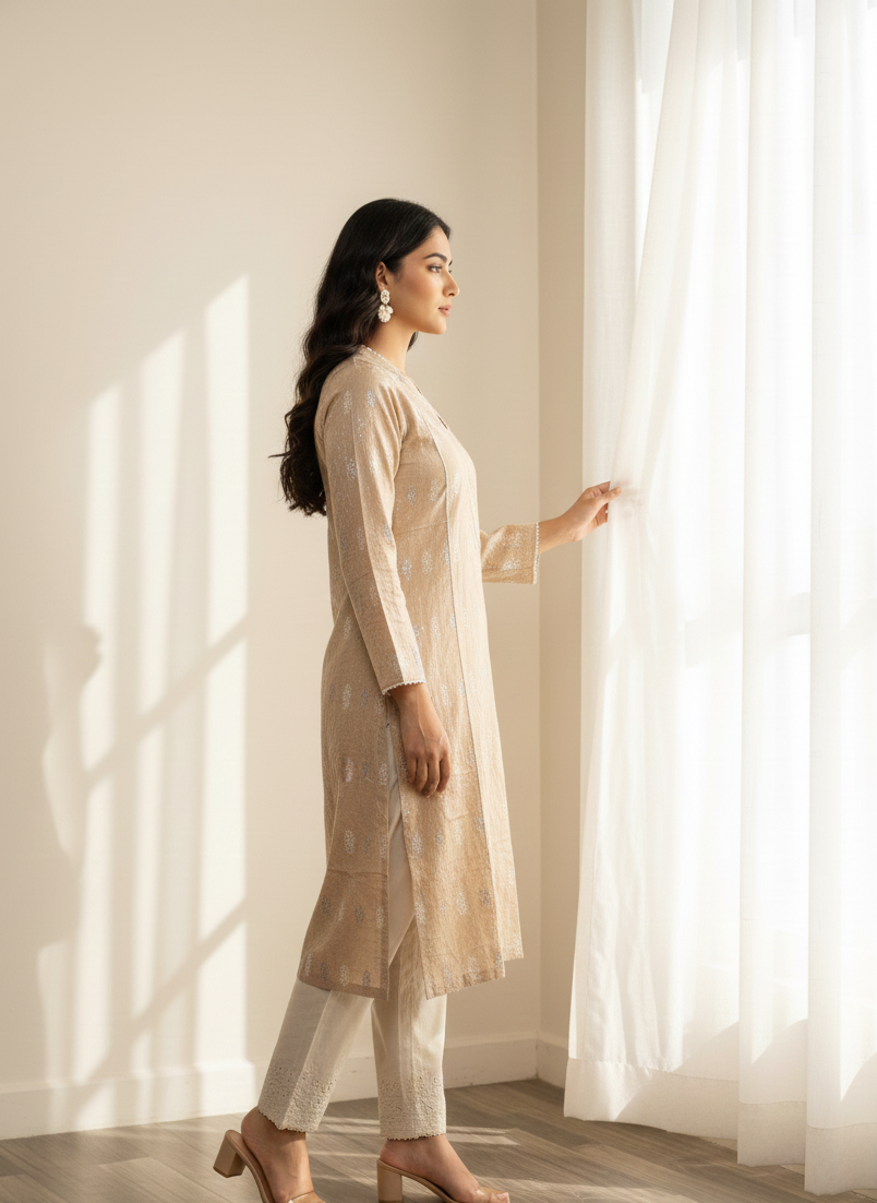 Gilded Weave Beige Jacquard Kurta & Trousers Set 2pc