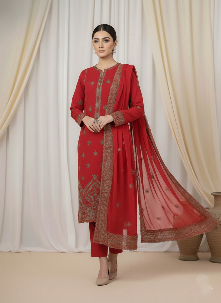 Classic Cotton Ladies 3-Piece Suit with Chiffon Dupatta