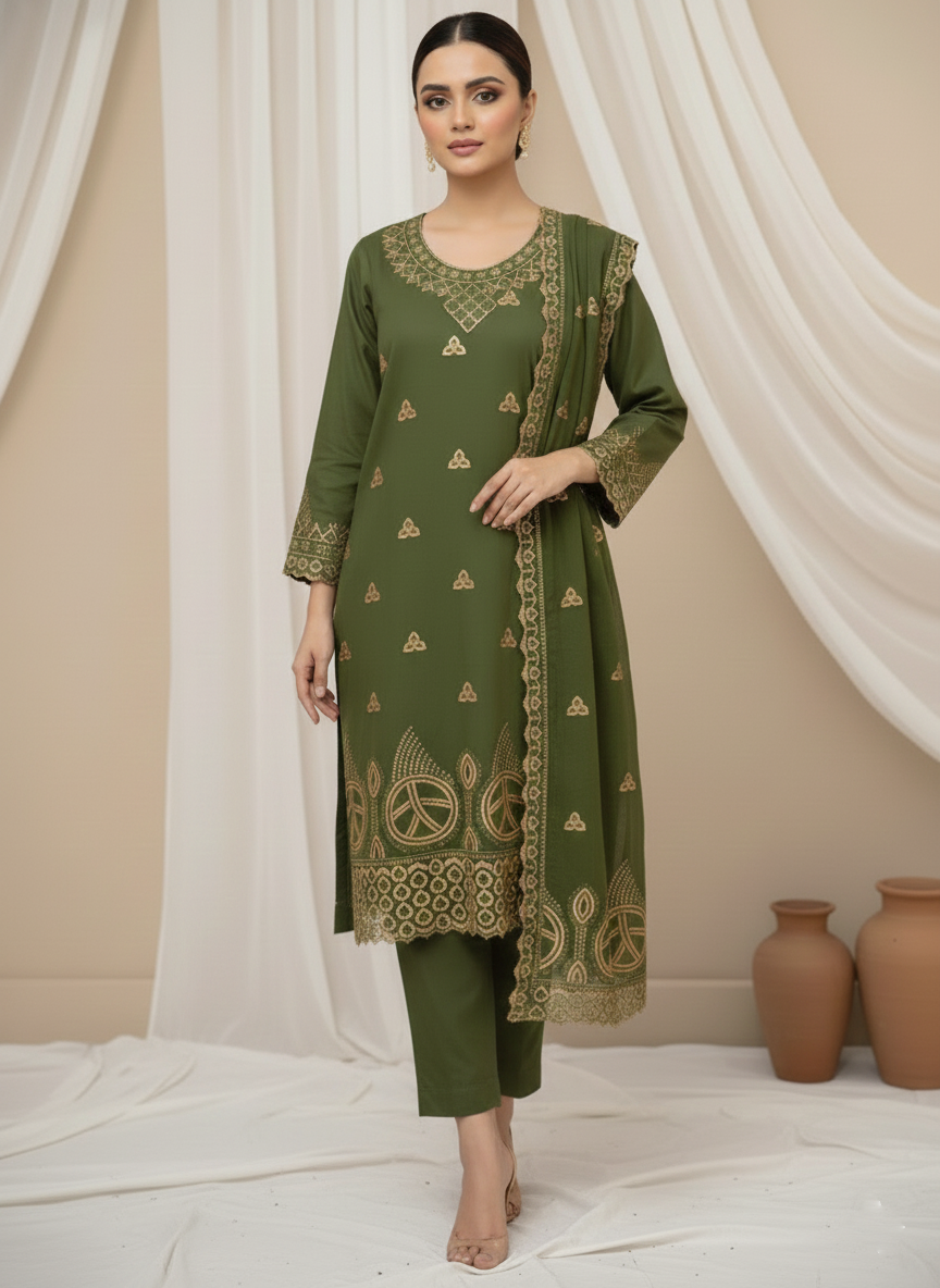 Graceful Cotton 3-Piece Ladies Suit with Chiffon Dupatta