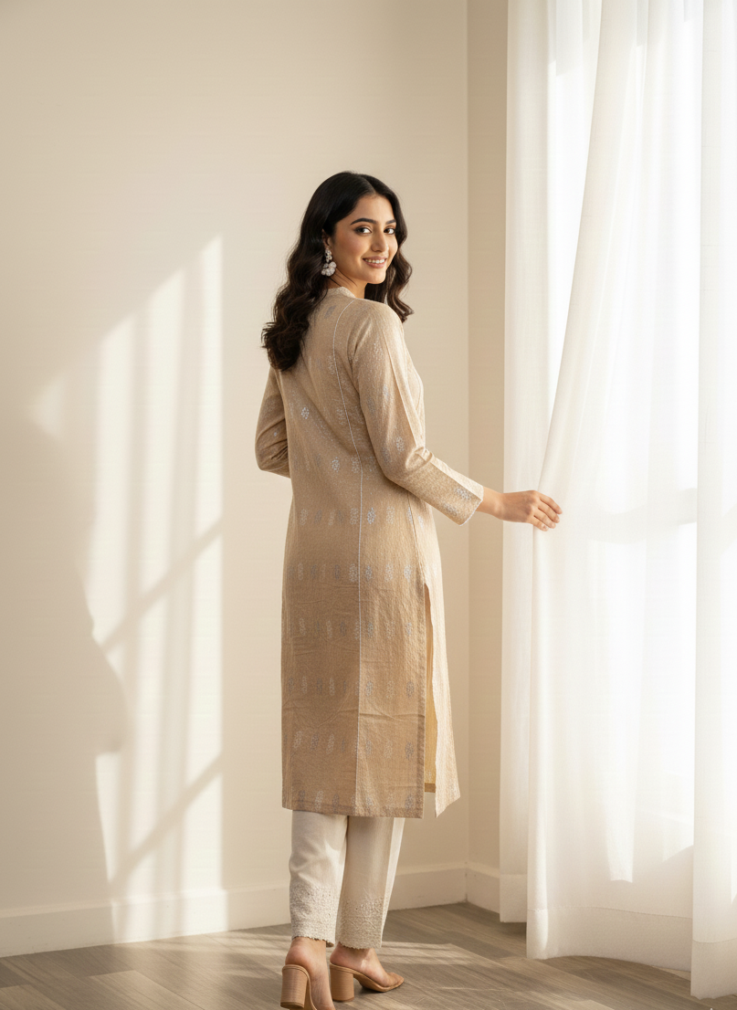 Gilded Weave Beige Jacquard Kurta & Trousers Set 2pc