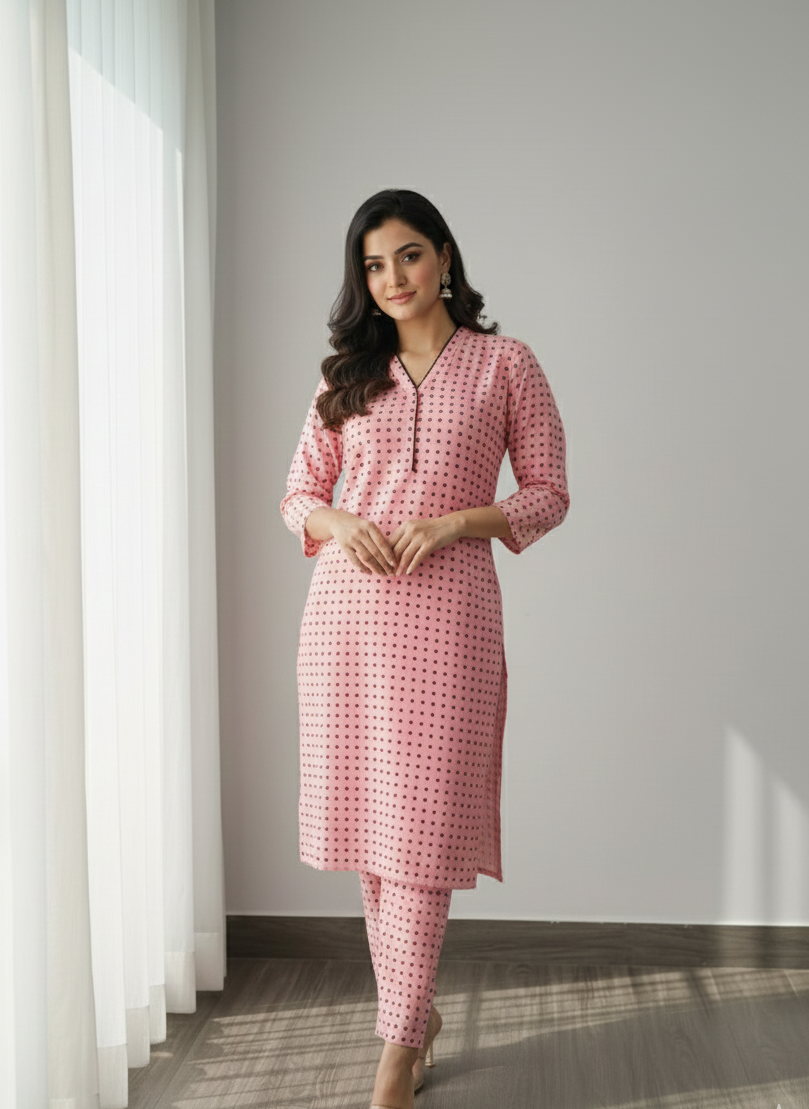 Dusty Pink Cotton Polka Dot Kurta Set 2pc
