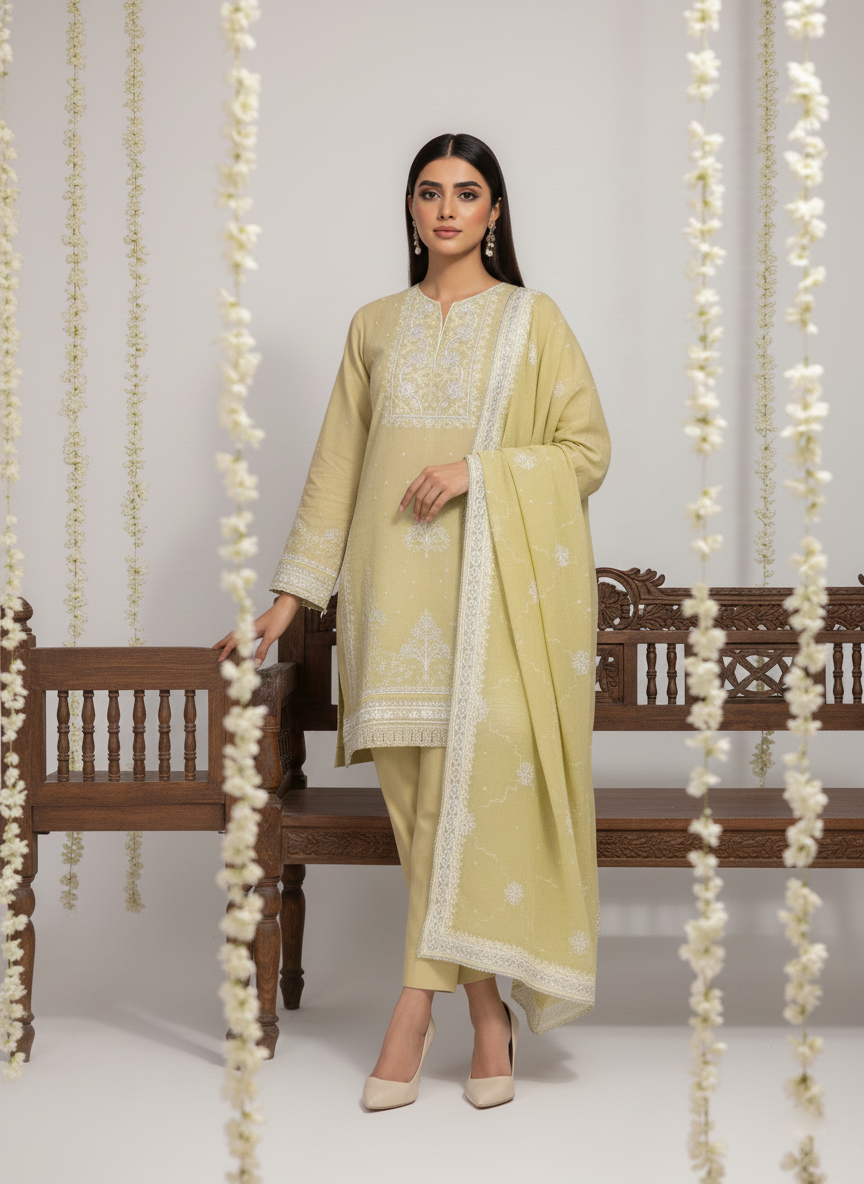 Festive Embroidered Cotton 3-Piece Unstitched Suit for Women with Chiffon Dupatta