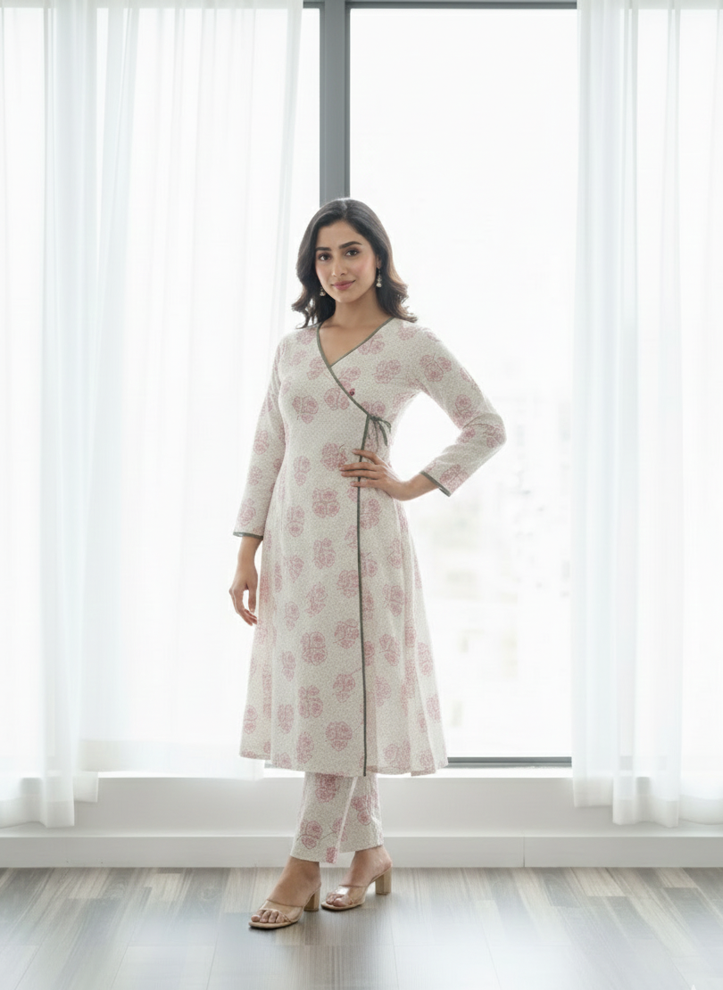 Pink Petals Printed Cotton Angarkha Kurta Set 2pc