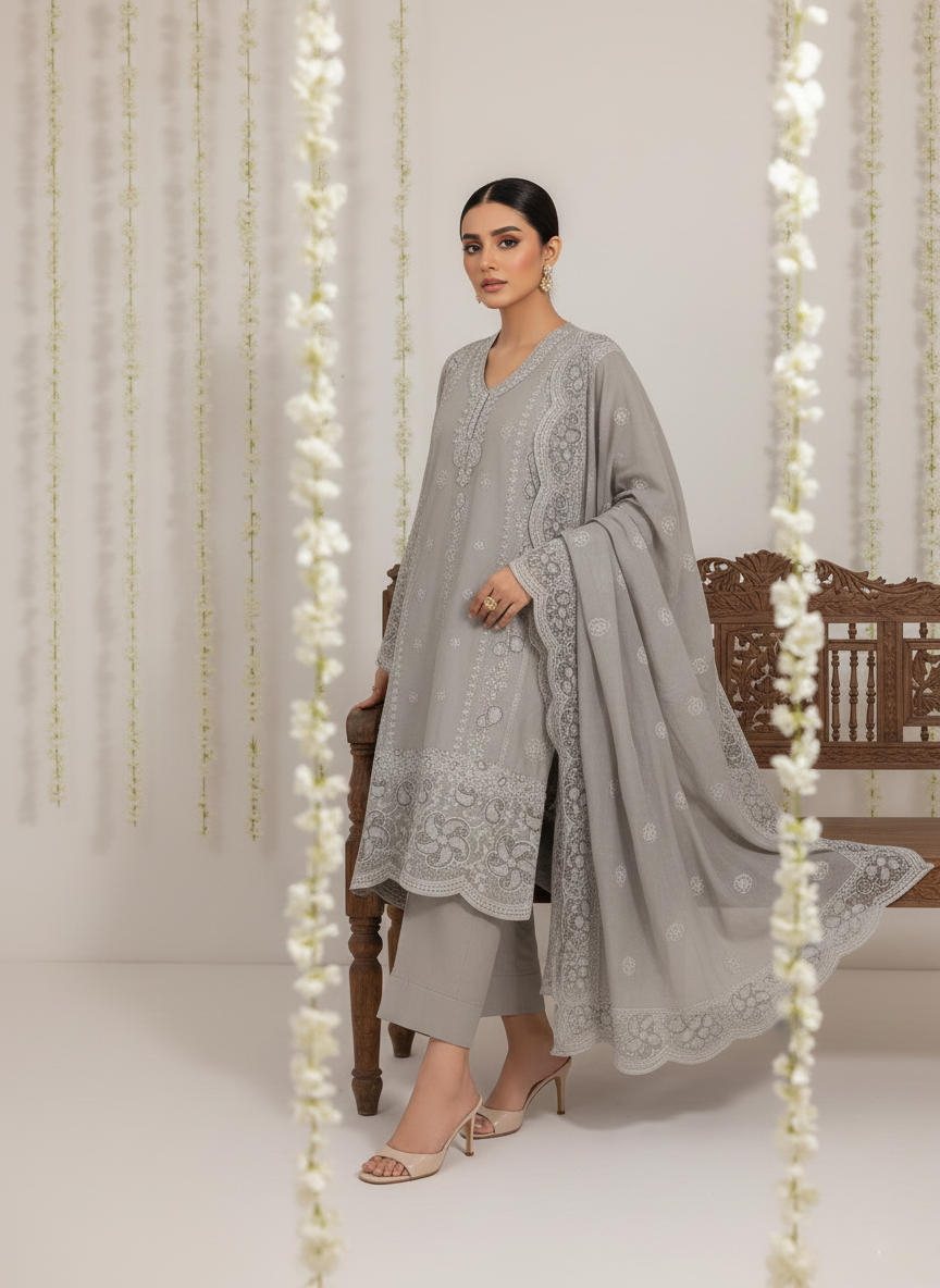 Elegant Cotton 3-Piece Ladies Suit with Chiffon Dupatta