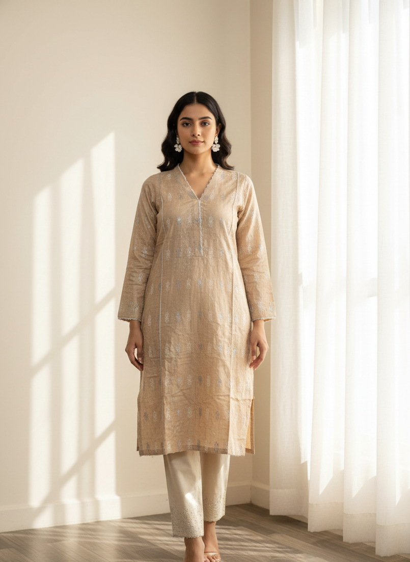 Gilded Weave Beige Jacquard Kurta & Trousers Set 2pc