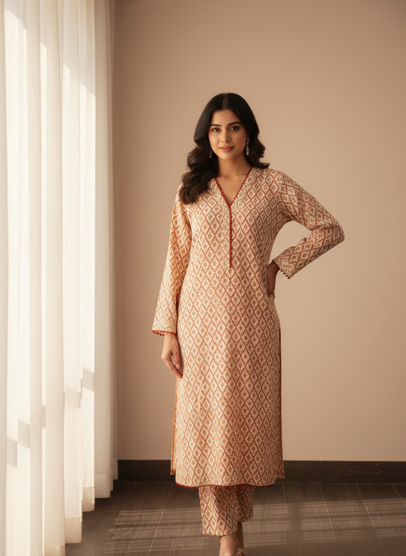 Desert Bloom Beige Cotton Printed Kurta 2pc