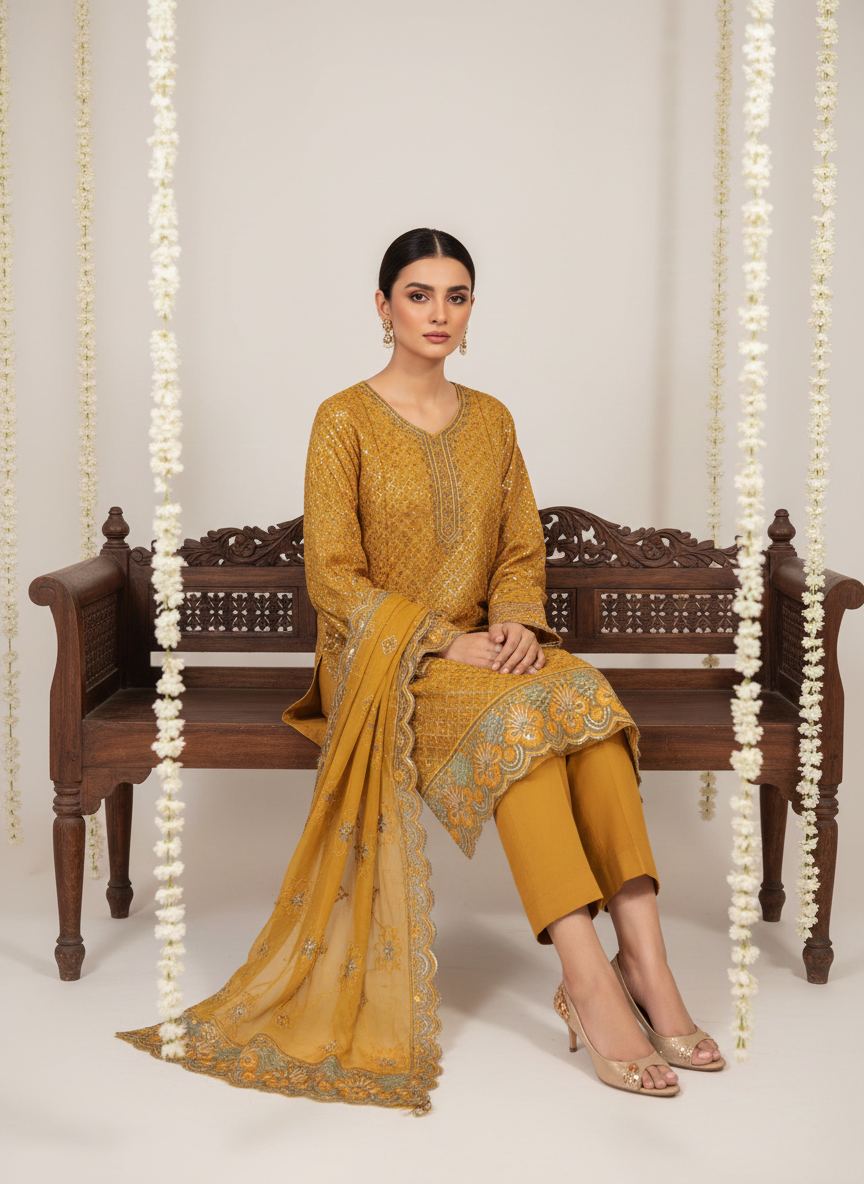Classic Embroidered Cotton 3PC Unstitched Suit with Chiffon Dupatta