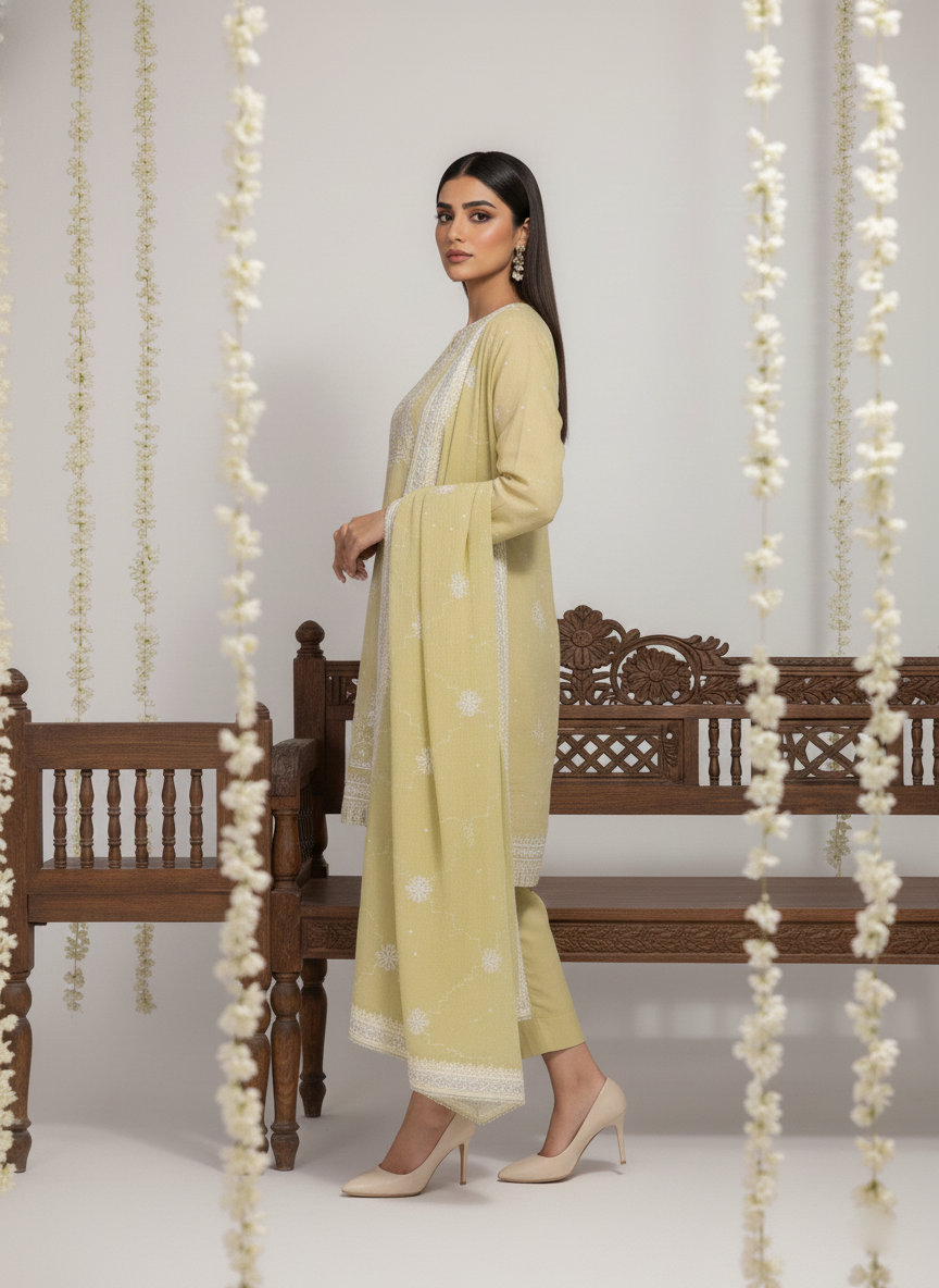 Festive Embroidered Cotton 3-Piece Unstitched Suit for Women with Chiffon Dupatta