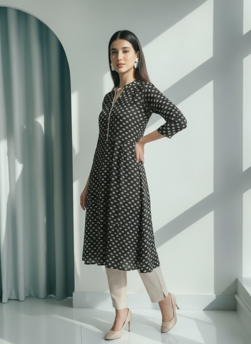 Monochrome Maze Black & White Printed Cotton Frock Set