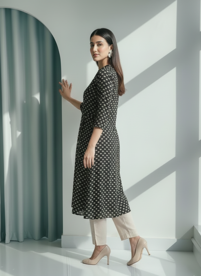 Monochrome Maze Black & White Printed Cotton Frock Set