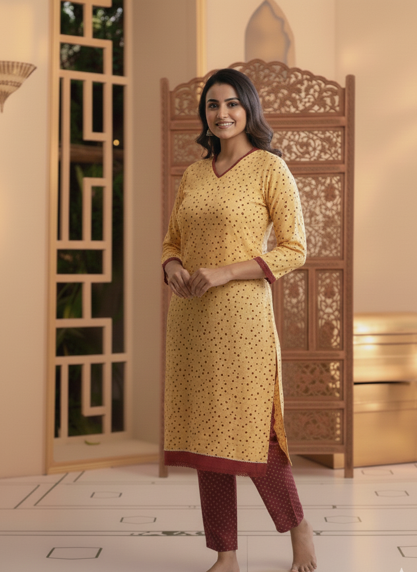 Chic Cotton Yellow & Maroon Polka Dot Kurta Set 2pc