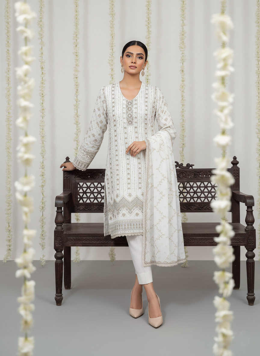 Unstitched Cotton 3-Piece Ladies Suit with Chiffon Dupatta