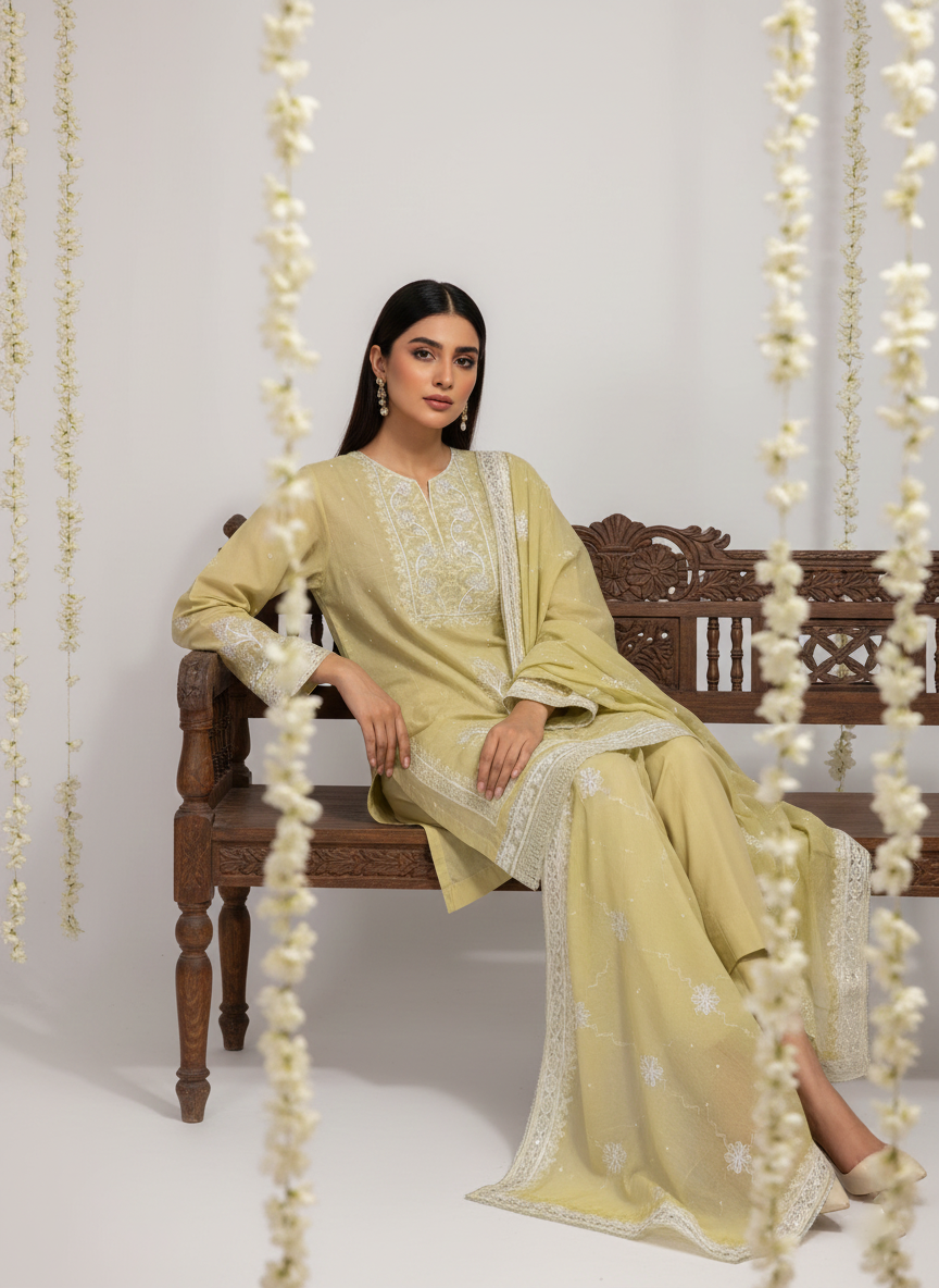 Festive Embroidered Cotton 3-Piece Unstitched Suit for Women with Chiffon Dupatta