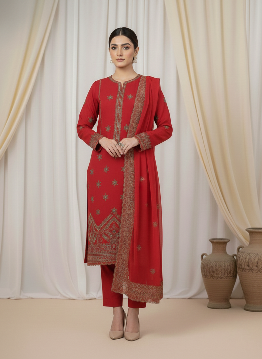 Classic Cotton Ladies 3-Piece Suit with Chiffon Dupatta