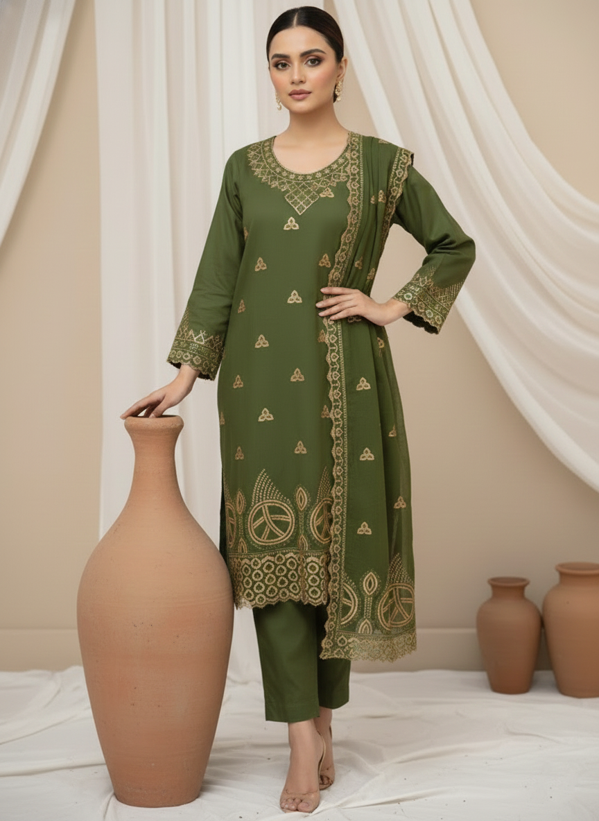 Graceful Cotton 3-Piece Ladies Suit with Chiffon Dupatta