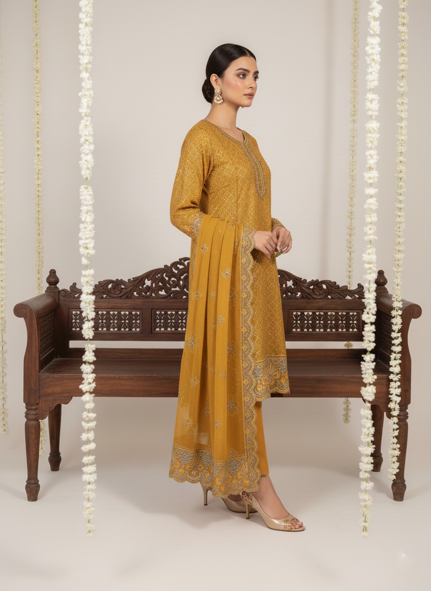 Classic Embroidered Cotton 3PC Unstitched Suit with Chiffon Dupatta