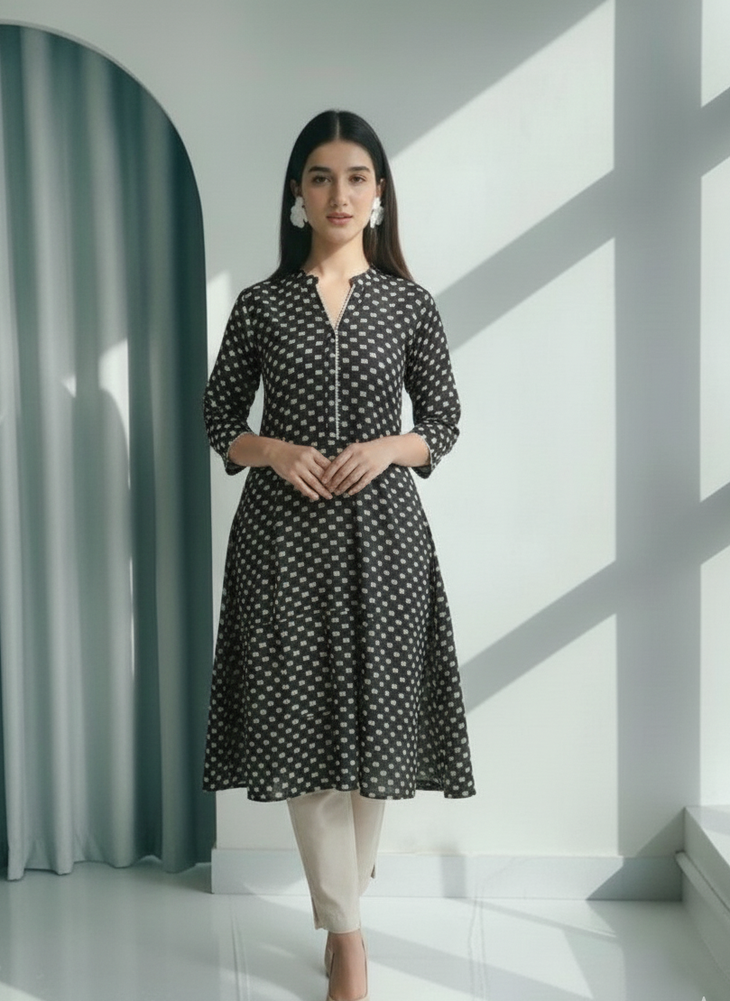 Monochrome Maze Black & White Printed Cotton Frock Set