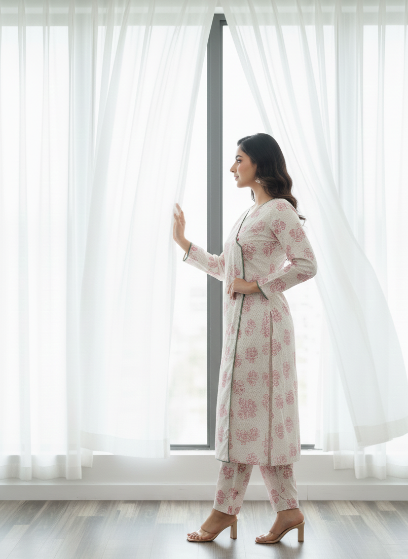 Pink Petals Printed Cotton Angarkha Kurta Set 2pc