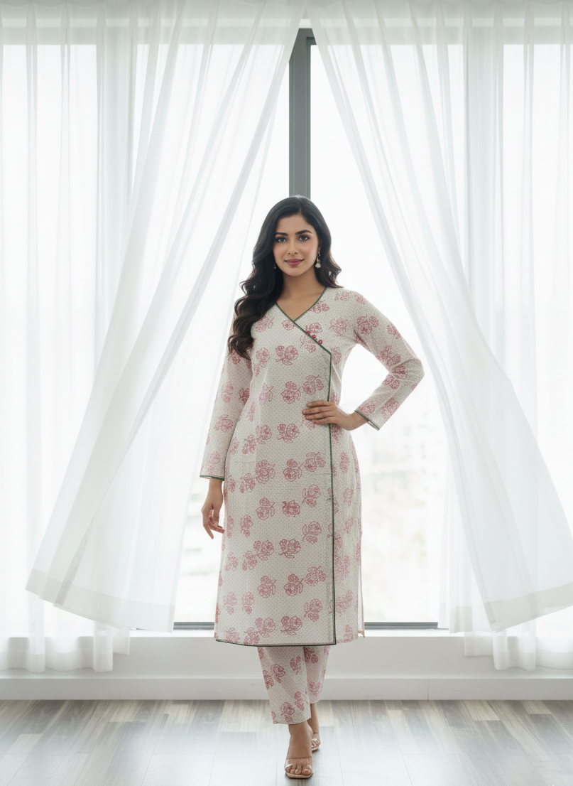 Pink Petals Printed Cotton Angarkha Kurta Set 2pc