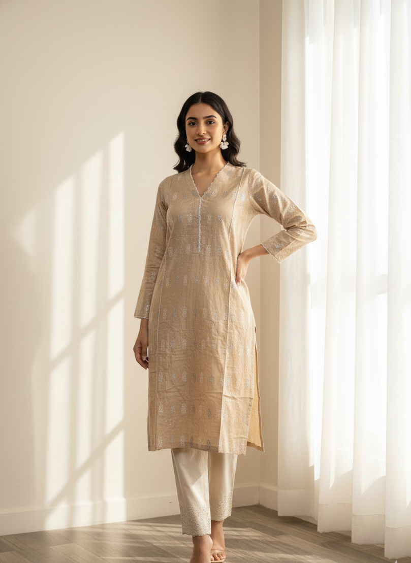 Gilded Weave Beige Jacquard Kurta & Trousers Set 2pc