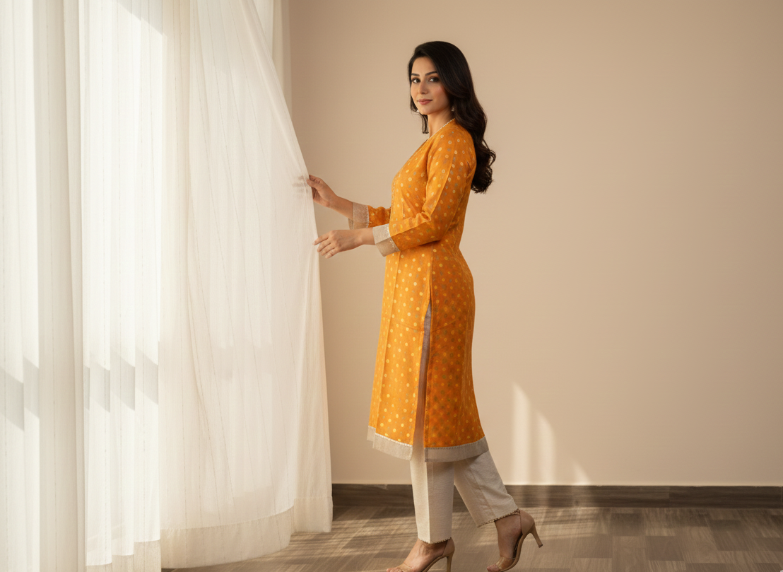 Mustard Yellow Printed Rayon Kurti 2pc