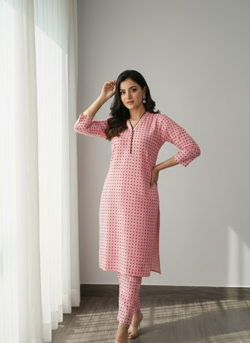 Dusty Pink Cotton Polka Dot Kurta Set 2pc