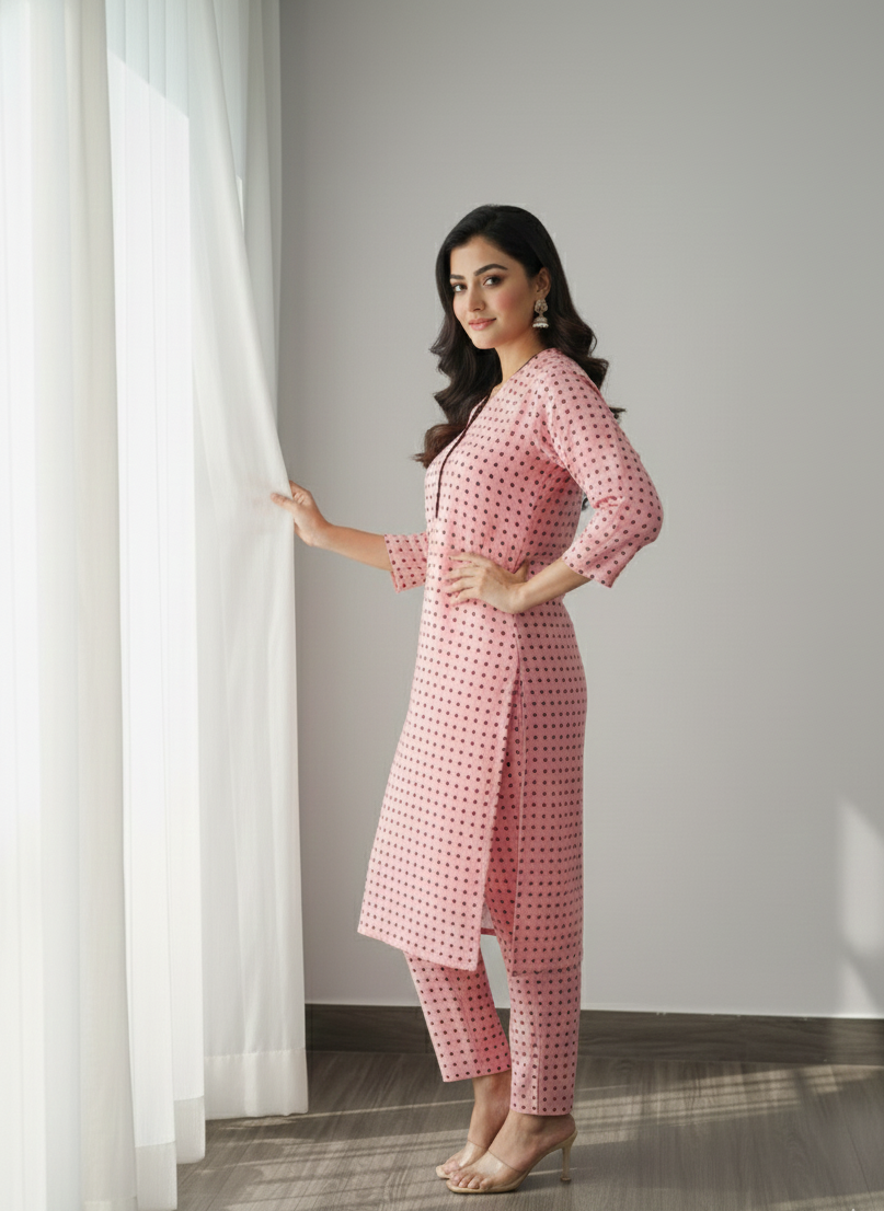 Dusty Pink Cotton Polka Dot Kurta Set 2pc