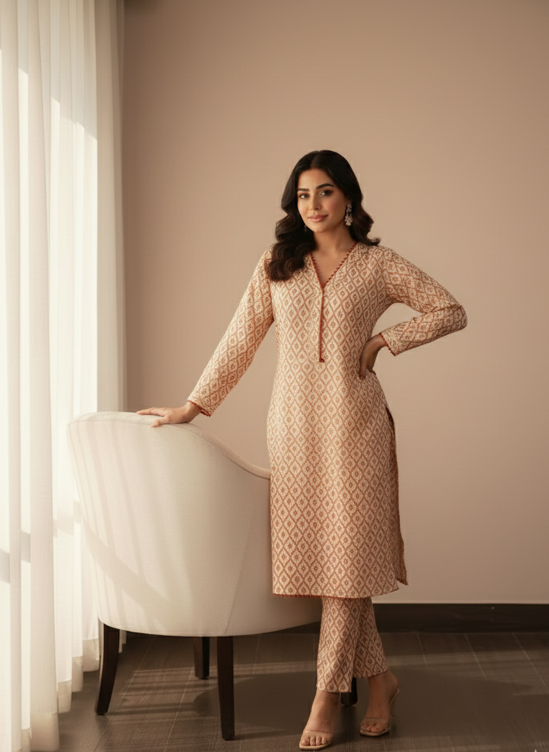 Desert Bloom Beige Cotton Printed Kurta 2pc