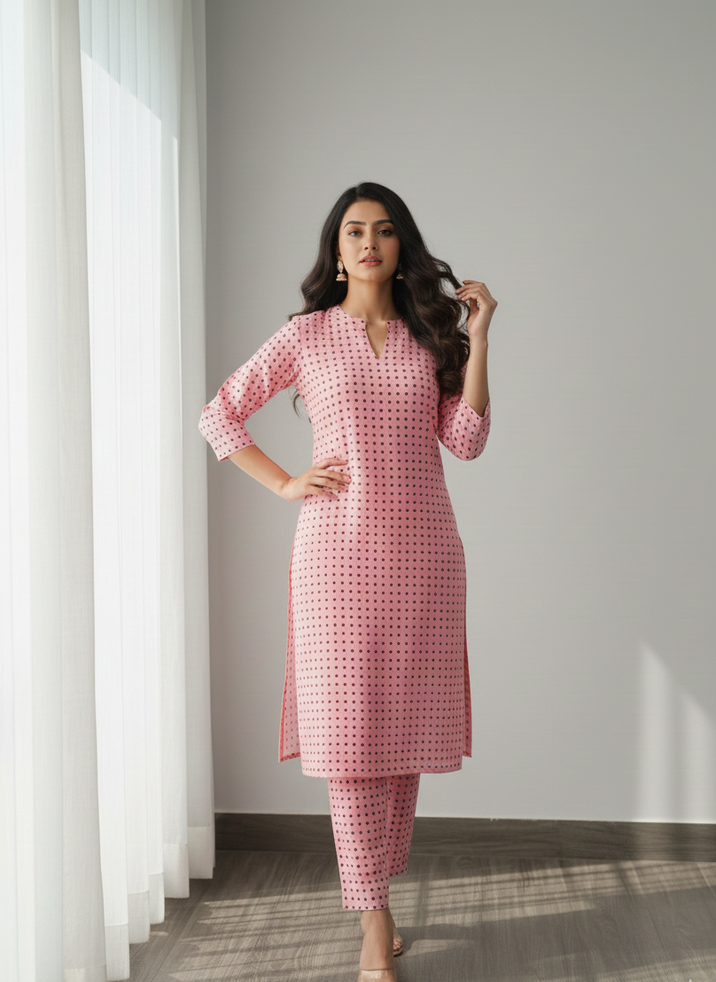 Dusty Pink Cotton Polka Dot Kurta Set 2pc