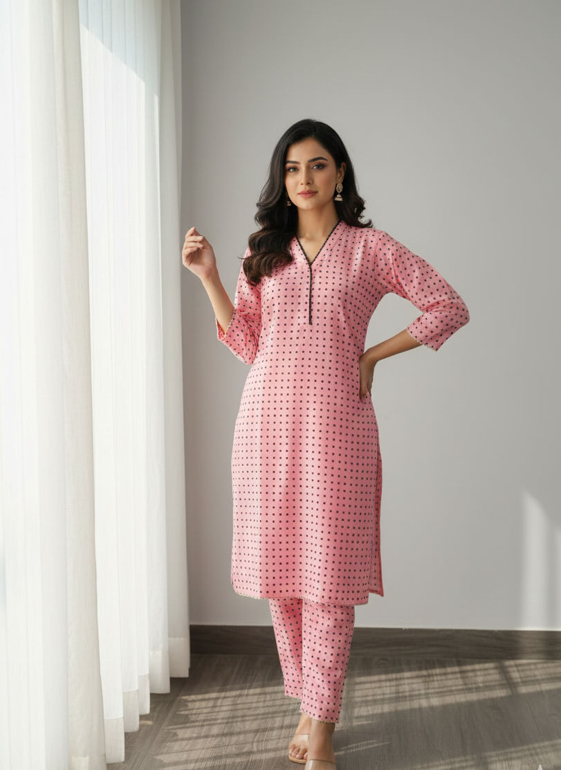 Dusty Pink Cotton Polka Dot Kurta Set 2pc