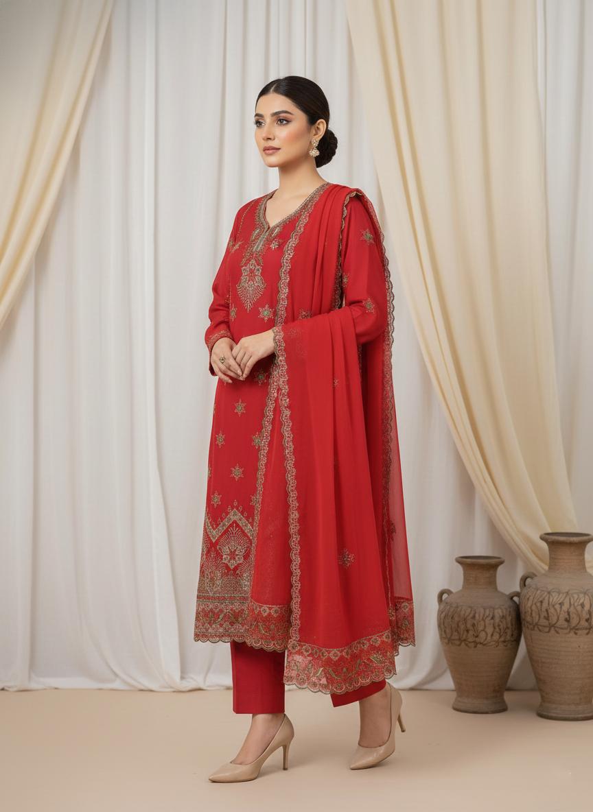 Classic Cotton Ladies 3-Piece Suit with Chiffon Dupatta