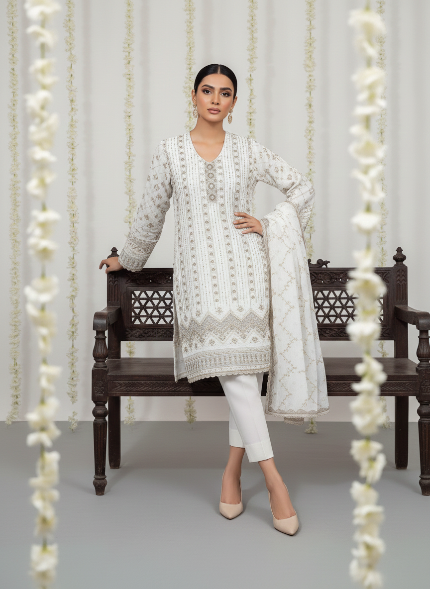 Unstitched Cotton 3-Piece Ladies Suit with Chiffon Dupatta