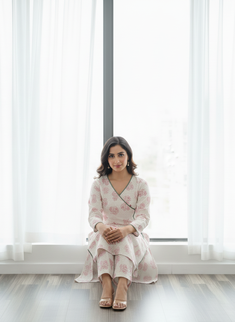 Pink Petals Printed Cotton Angarkha Kurta Set 2pc