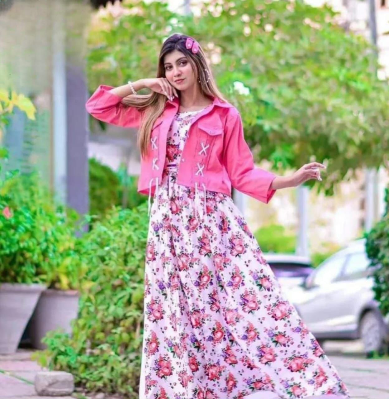 Printed Maxxi and Denim Jacket Combo  Ready-To-Wear