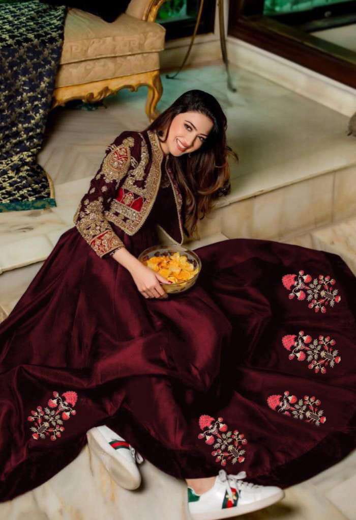 Readymade Koti Style Embroidered Shamoz Silk Maxi