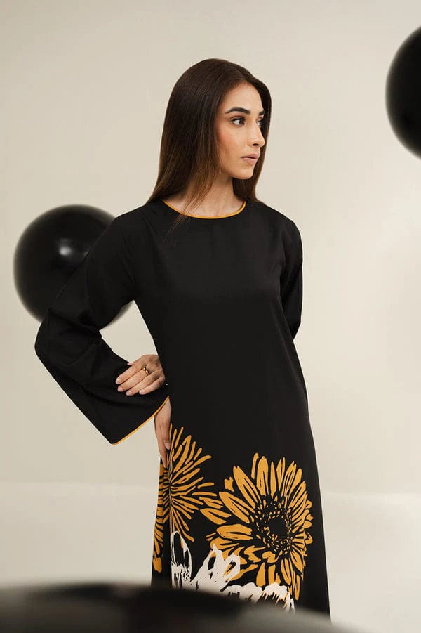 Black Sunflower Printed Long Dress 2PCS
